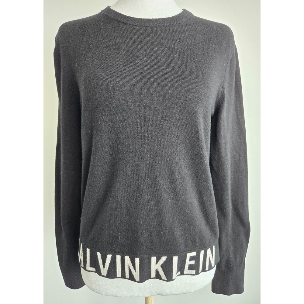 Calvin Klein Jeans Top Long Sleeves Cropped Black Logo Waist Crew Neck Sz S